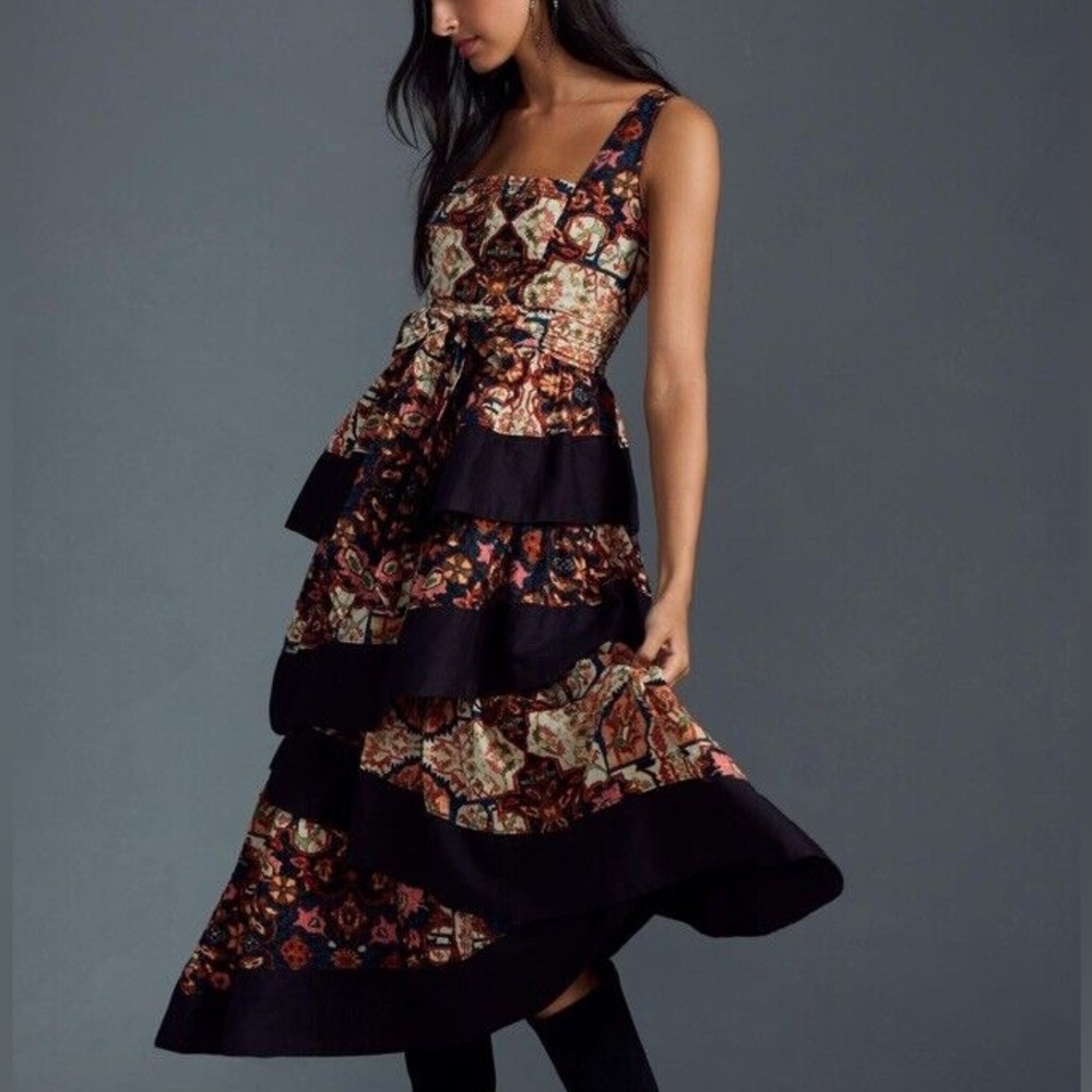 Anthropologie Floral Print Square Neck Tiered Midi Boho Dress